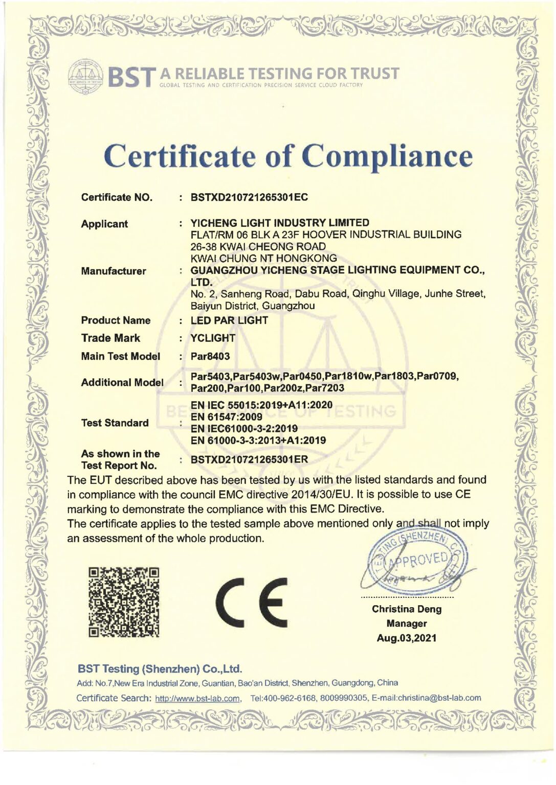 Par Lights CE-EMC Certificate