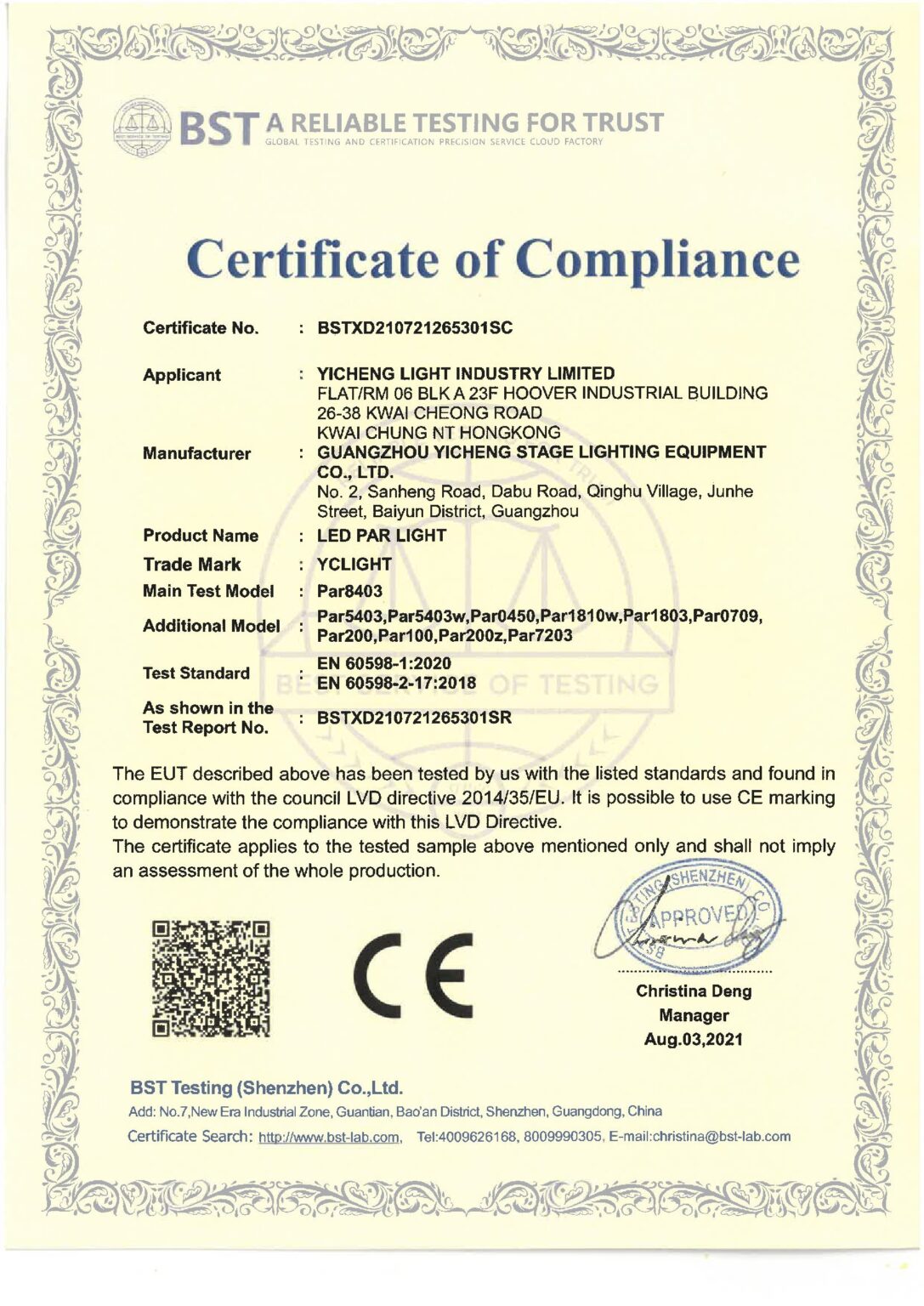 Par Lights CE-LVD Certificate