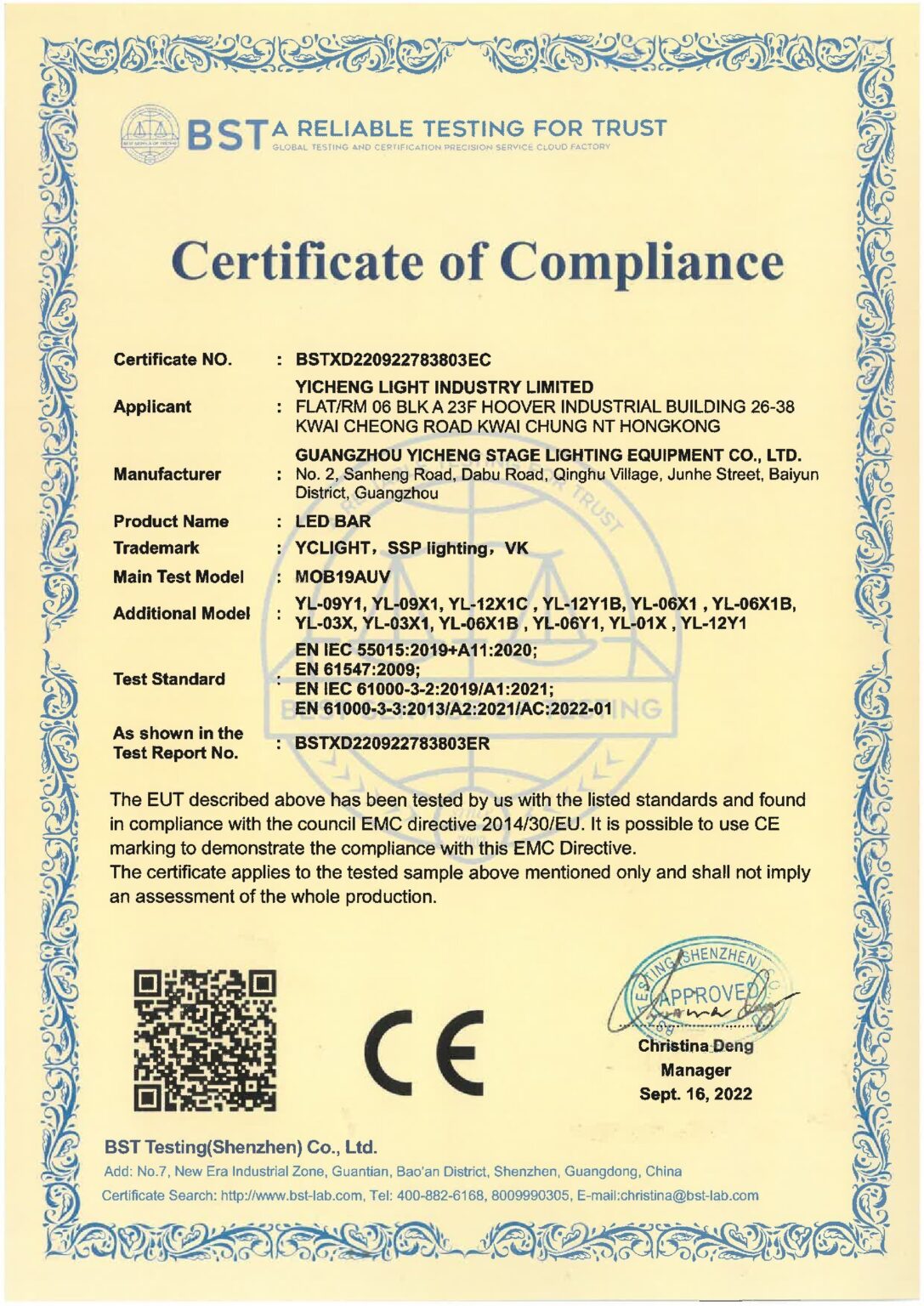 YiCheng CE-EMC Certificate